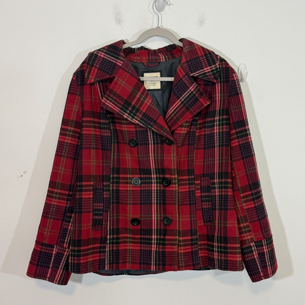 Old Navy Womens Pea Coat XL Red Plaid Wool Blend Double Breasted Preppy Academic